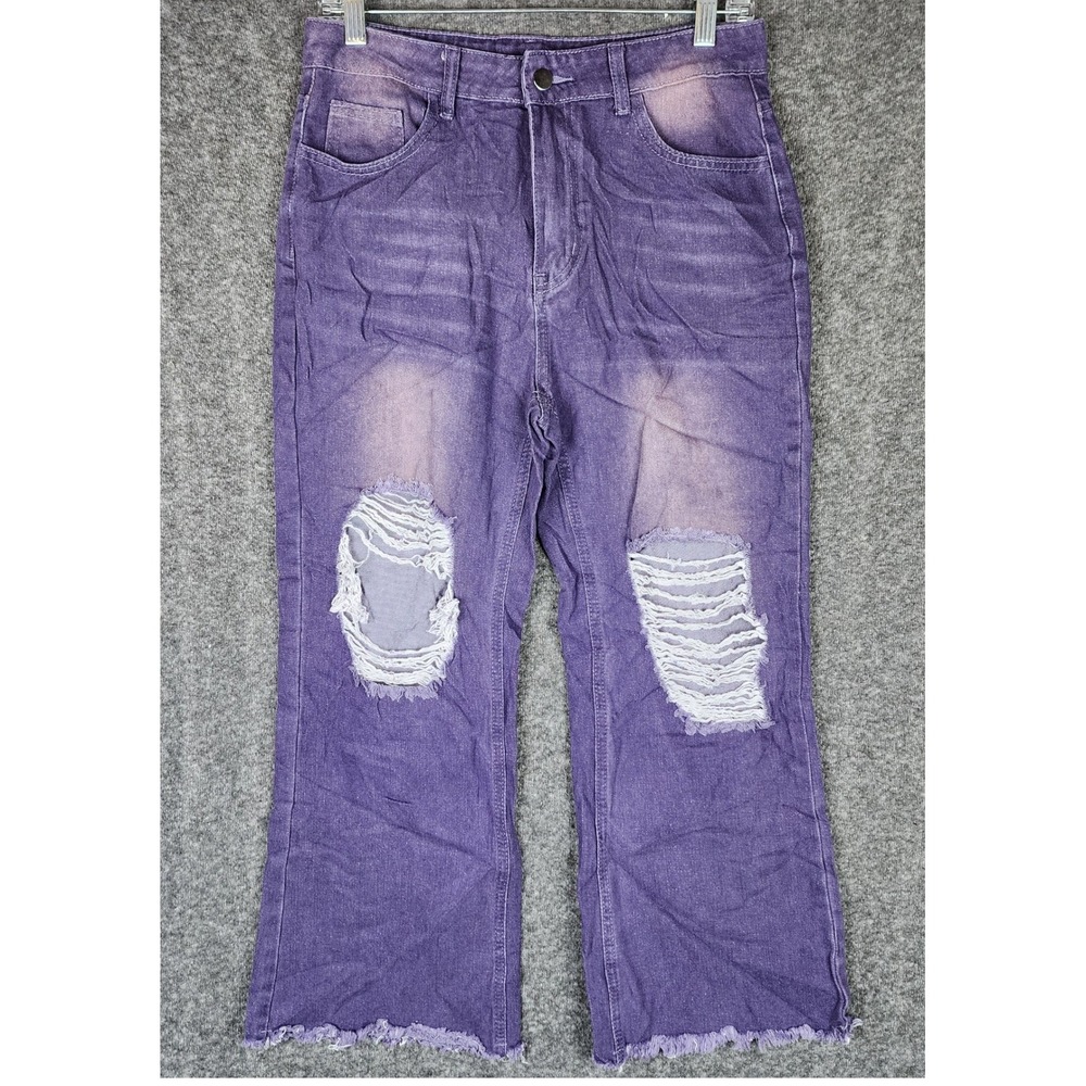 Unbranded Jeans Womens M Wide Leg Purple Distressed Acid Wash Frayed Hem EUC